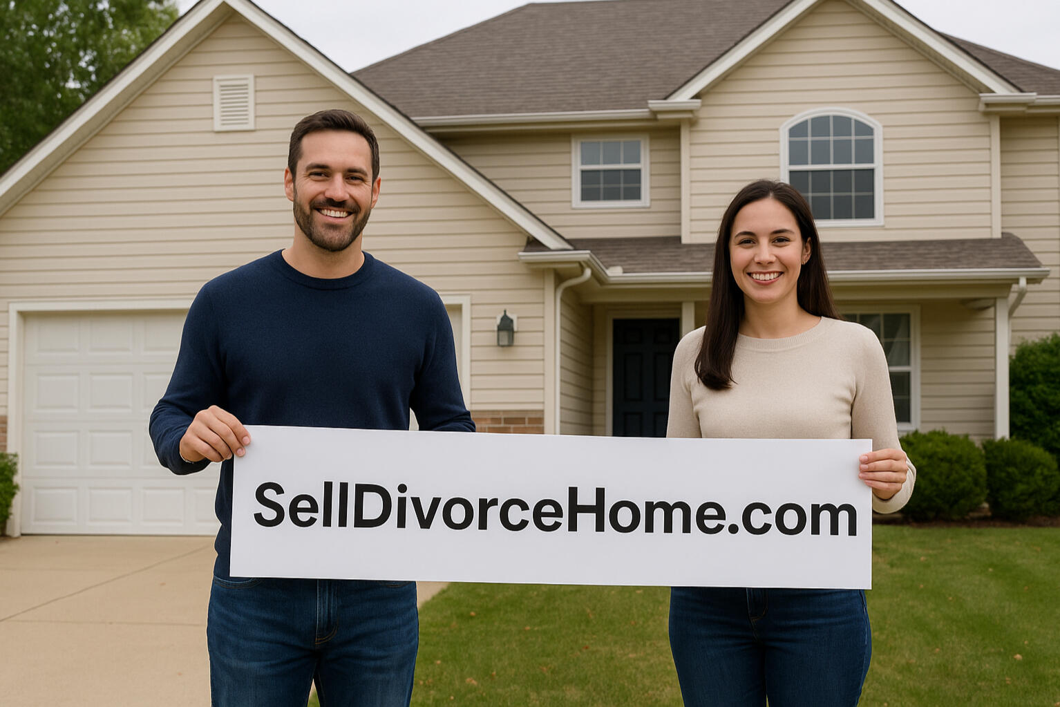 A smiling man and woman stand in front of a beige suburban house, each holding one end of a white banner that reads “SellDivorceHome.com” in bold black letters, promoting compassionate real estate services for homeowners going through divorce.
